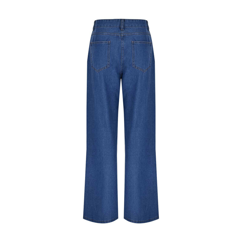 Niebieskie sprane damskie spodnie dżinsowe Modne, wszechstronne dżinsy ze stretchem Proste dżinsy z szeroką nogawką Spodnie dżinsowe w stylu koreańskim Odzież