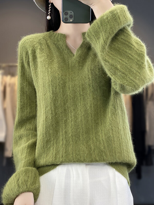 100% Mink Cashmere Women's V-Neck Sweater Autumn Winter New Knitted Top Loose Puff Sleeve Pullover Casual Loose Korean Clothing