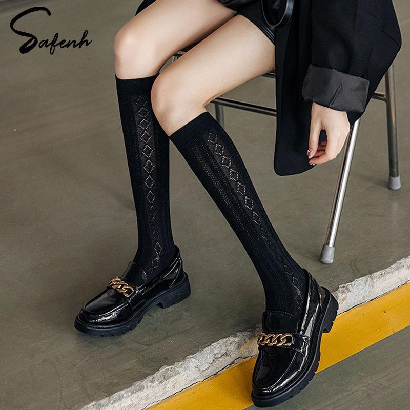 Calcetines largos de estilo japonés para estudiantes de secundaria, medias hasta la rodilla, color blanco y negro, hasta la pantorrilla