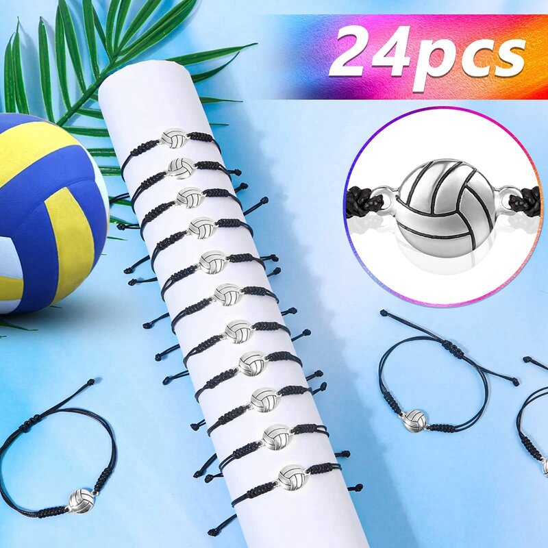New 24 Piece Volleyball Bracelets, Volleyball Charm Bracelet, Braided String Bracelet With Volleyball Pendant Decoration