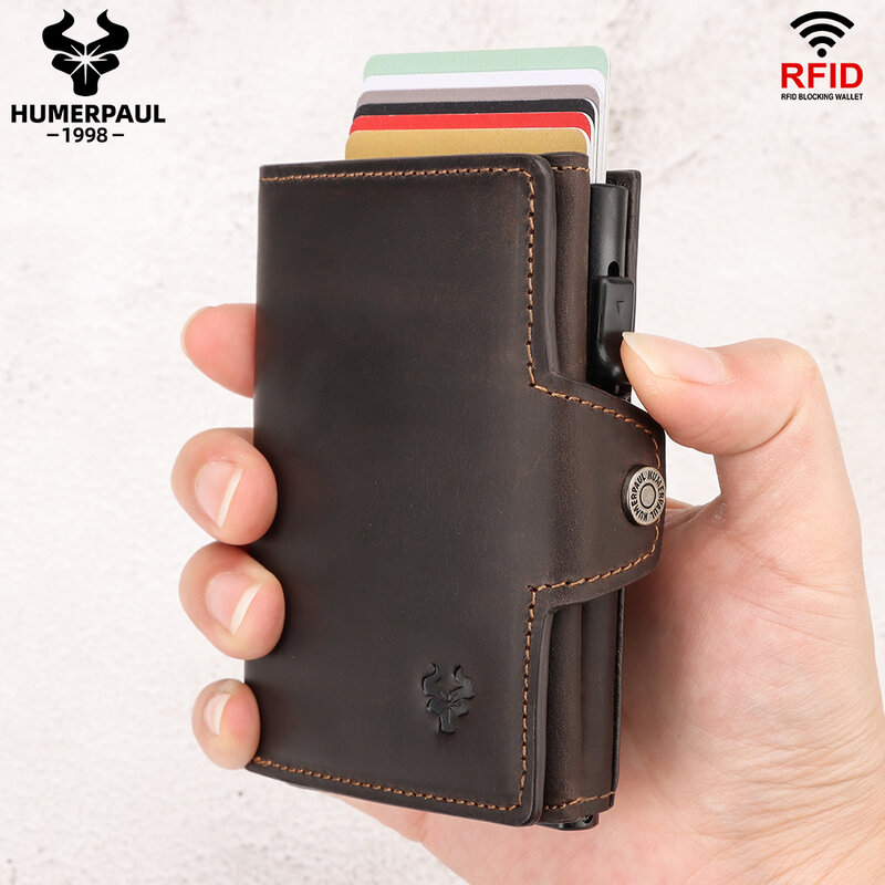 RFID Smart Pop Up Card Wallet para hombres, funda de tarjeta de cuero genuino para 8-10 tarjetas, monedero delgado con cremallera y compartimento para notas
