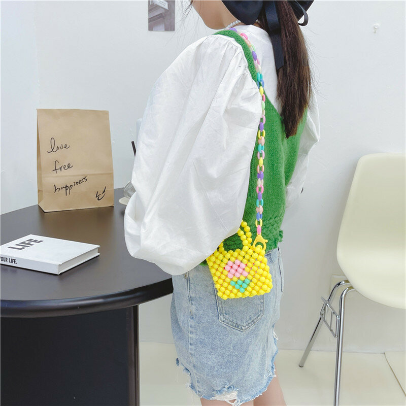 Милая Детская мини-сумка, новинка 2024, сумка через плечо с бисером для девочек, модная детская сумка карамельных цветов, яркая сумка через плечо с цепочкой
