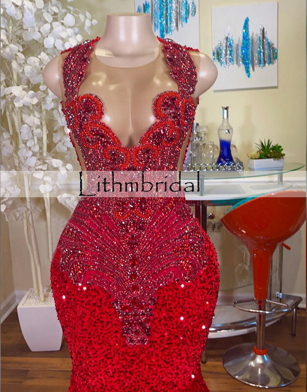 Stuning Mermaid Style Mesh Luxury Beaded Sparkly Diamond Black Girl Red Velvet Sequin Long Prom Dresses 2023 Formal Gowns