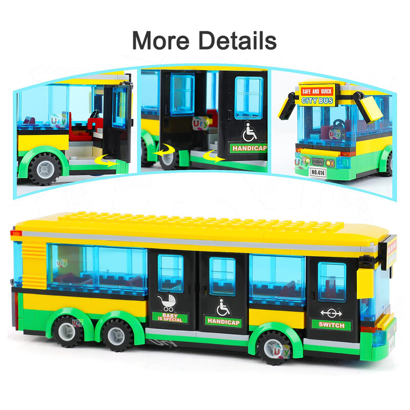 Set figur Mobil Kota stasiun Bus sekolah penumpang kuning dek tunggal mainan figur Model blok bangunan DIY untuk hadiah anak laki-laki