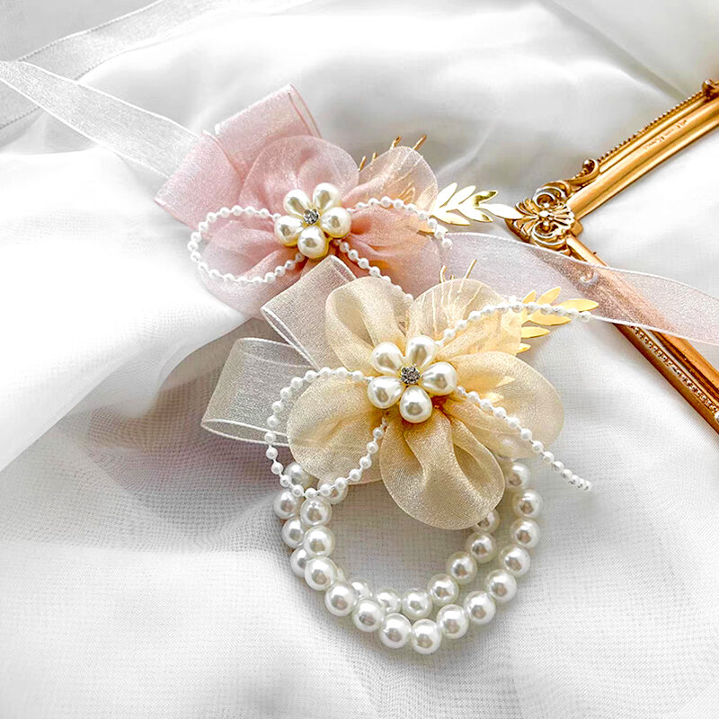 Corsage en cristal de perle de fleur de poignet, fleur de main de demoiselle d'honneur, bracelets de mariage de mariée, accessoires de bijoux de fête de filles