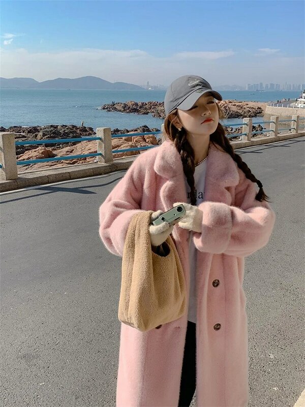 2023 Autumn Winter Long-Sleeve Thickened Long Suit Collar Artificial Fur Women's Coat Fashion Retro Style Slimming Overcoat