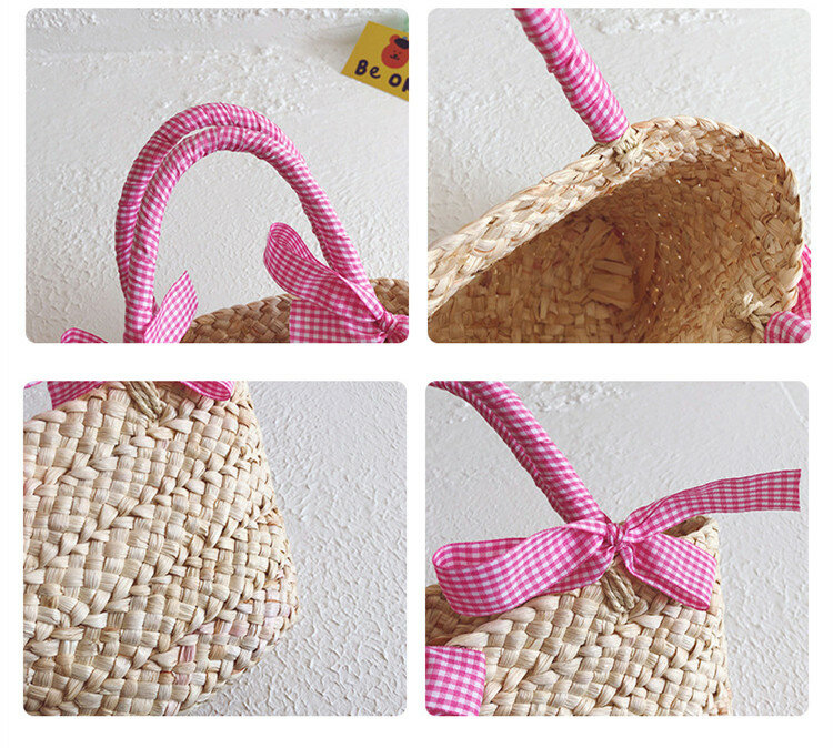 Korean Style Children's Handbag Straw Woven Handmade Beach Bag Kids Girls' Small Basket With Bowknot Holiday Outting Bags