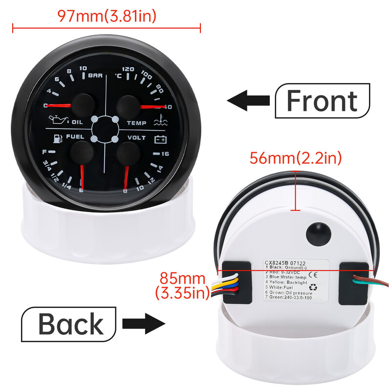 Waterproof 4 in 1 Multi-function 85mm Gauge Oil Pressure Fuel Level Water Temp Voltmeter with Red Backlight for Boat Car Yacht