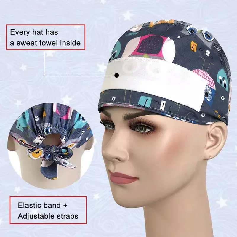 Topi kepala operasi kartun dokter motif pola, topi Lab Scrub topi bedah rumah sakit hewan peliharaan 2023