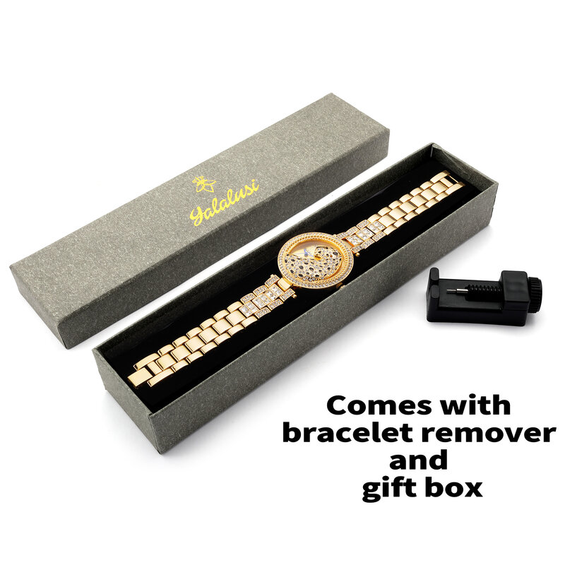 Лидер продаж 2024, бренд YaLaLuSi, женские золотые часы, роскошные кристаллы, бриллианты, леопардовая коробка, ремешок для часов, ионное покрытие из настоящего золота