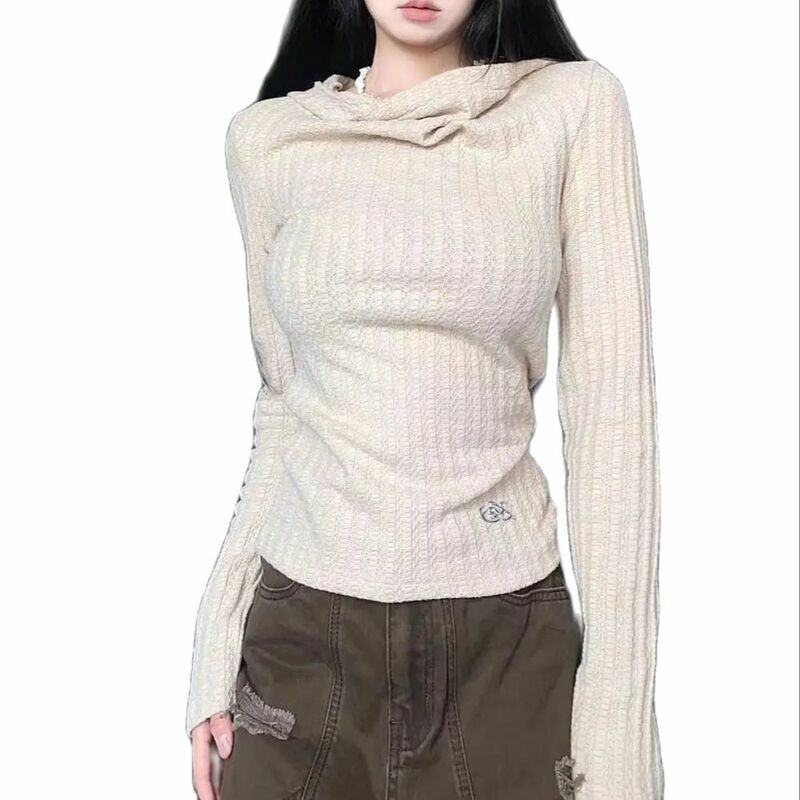 Camisola fina de malha com capuz para mulheres, ajuste fino, manga longa, camisa vintage, tops sólidos de cintura fina, outono, Y2K