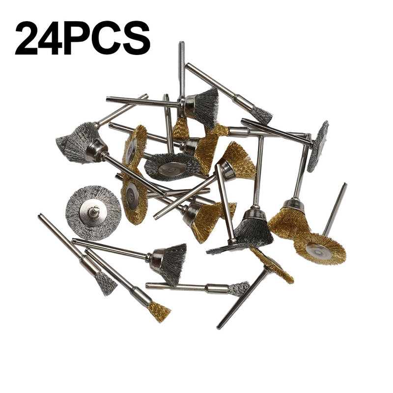真ちゅう製ブラシ鋼線ホイールブラシ、金属製の錆び除去用の回転工具、クリーニング研磨ツール、24個