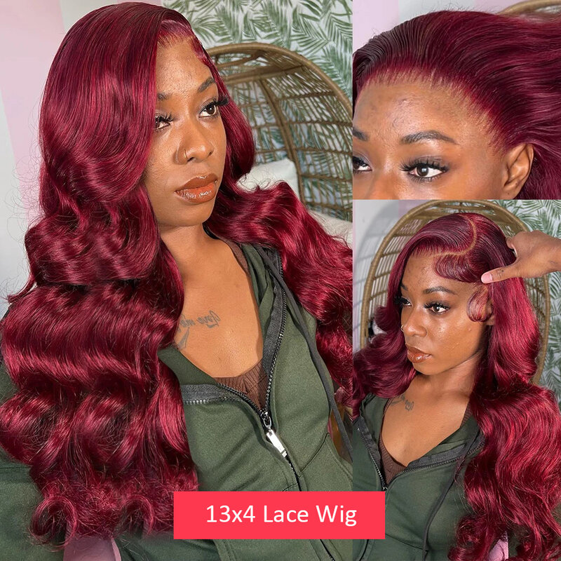 Peluca con malla Frontal para mujer, cabello humano de color rojo 99J, 13x6, HD, cierre 4x4, 13x4, 30 pulgadas
