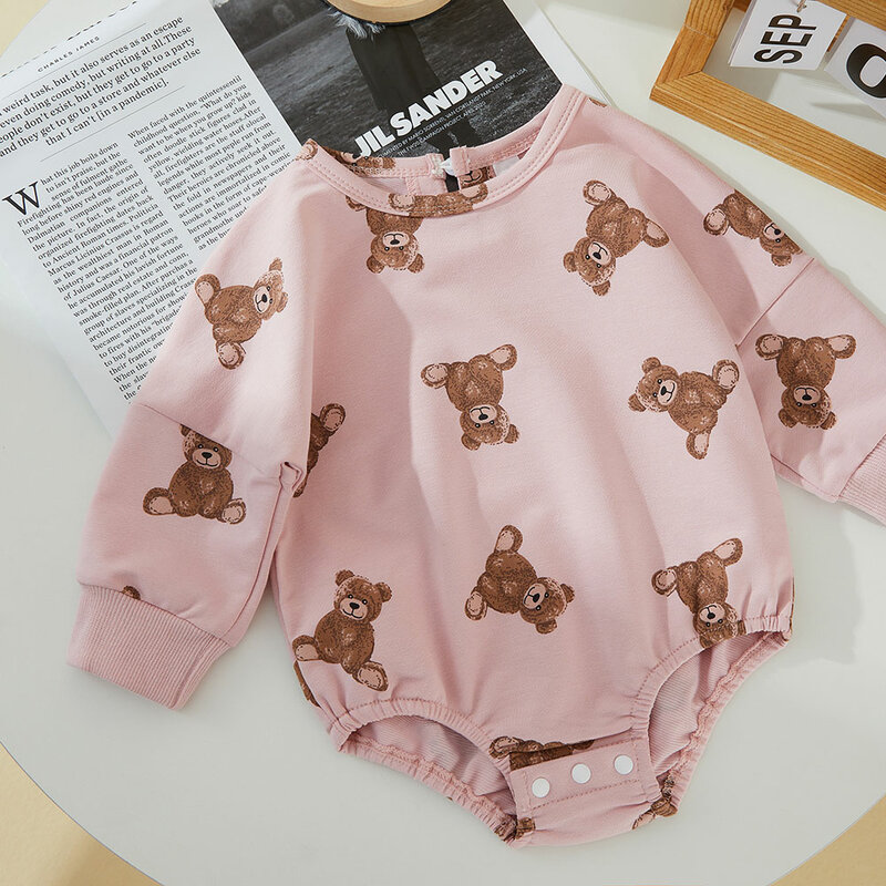 Txlixc bebê dos desenhos animados urso impressão macacão menina menino outono roupas em torno do pescoço manga longa solto ajuste macacão rosa/branco