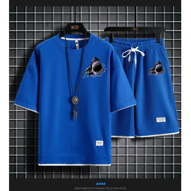Camiseta con estampado de tiburón para hombre y mujer, pantalones cortos con cordón, conjunto informal de manga corta, holgado, Verano