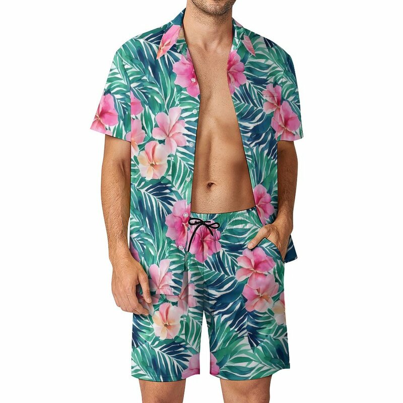 Boho 꽃무늬 남성 세트, 수채화 프린트 캐주얼 반바지, 비치 셔츠 세트, 하와이 프린트 세트, 반팔, 특대 의류, 여름