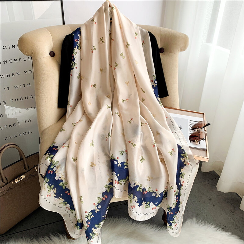 New Silk Satin Scarf Hijab Women Print Spring Warm 180*90cm Shawl Wrap Bandana Foulard Muslim Headscarves Muffle Echarpe 2022