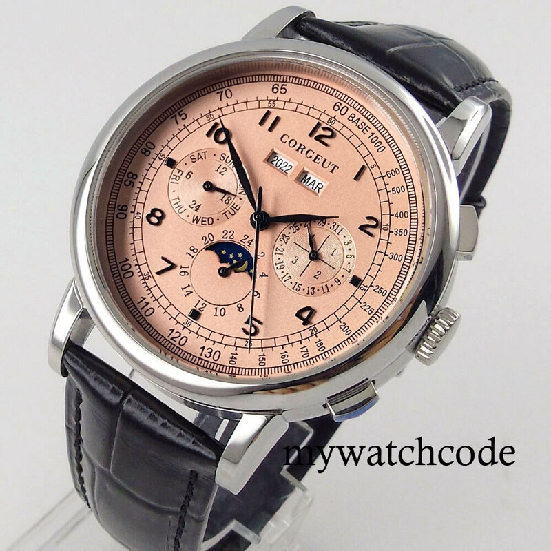 Corgeut 42mm rosa/azul/branco/preto polido multifuctional relógio de pulso dos homens automáticos data semana mês ano pulseira de couro de exibição