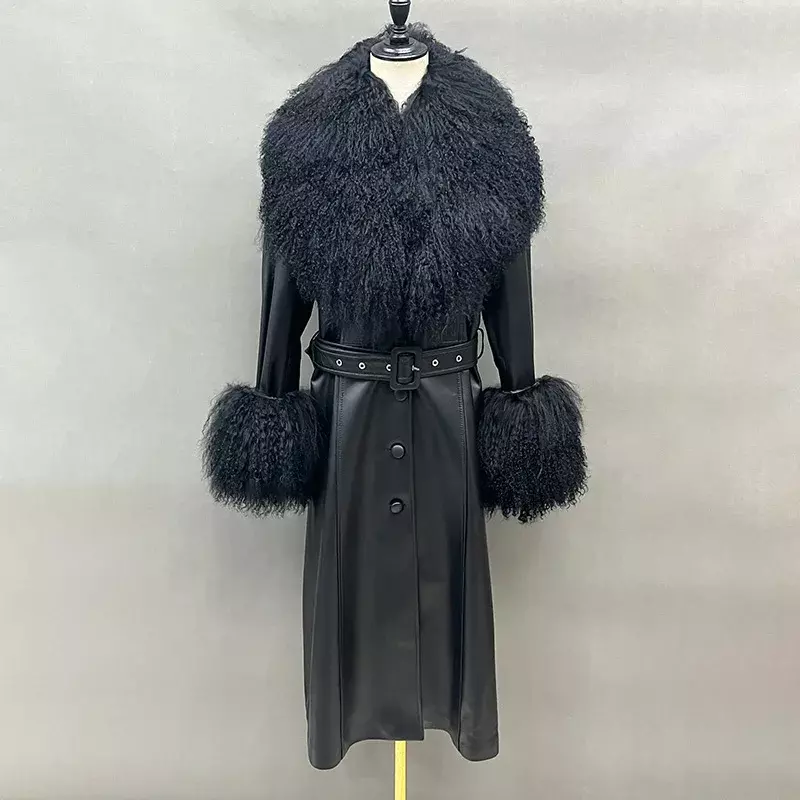 Lady Luxury Leather Trench Coat Women Fashion Genuine Leather Mongolian Sheep Fur Long Belt Clothing FG6406