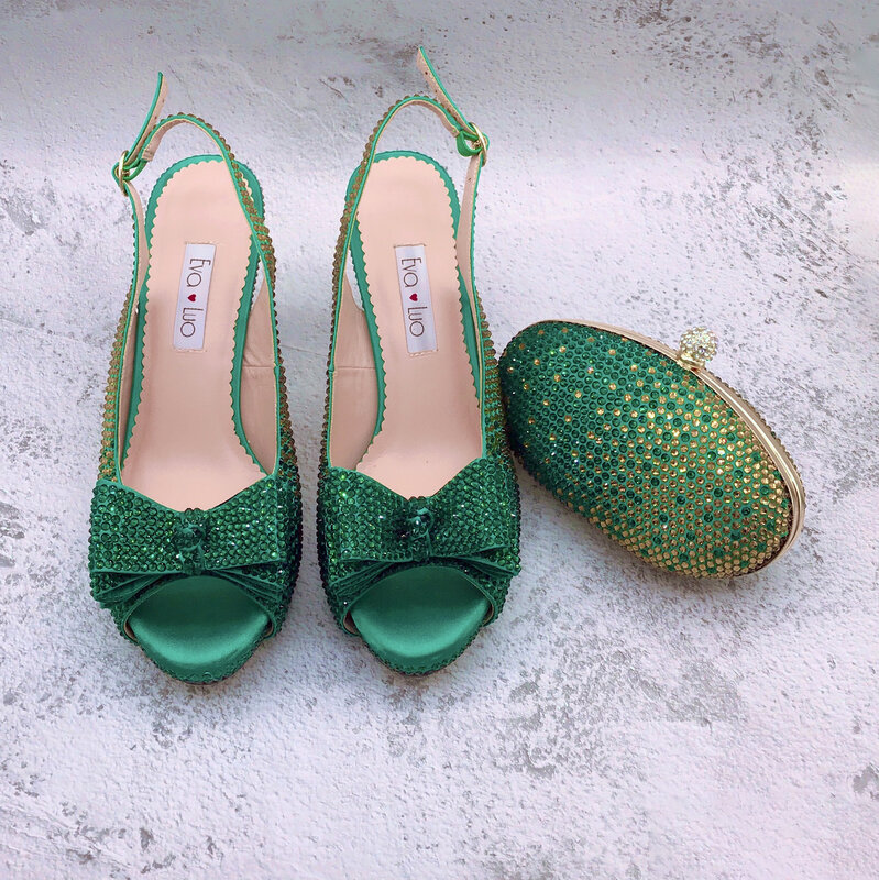 Sapatos de cristal personalizados com bolsa correspondente para mulheres, salto diferente, bombas de casamento nupcial, bombas de vestido, verde, ouro, BS1634