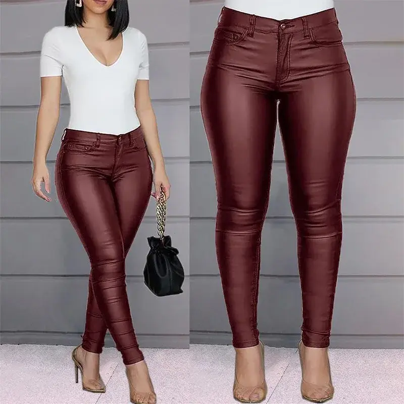 2024 disambung jeans wanita baru Fashion warna Solid kulit PU celana seksi kaki celana kasual celana YBF2-3 wanita
