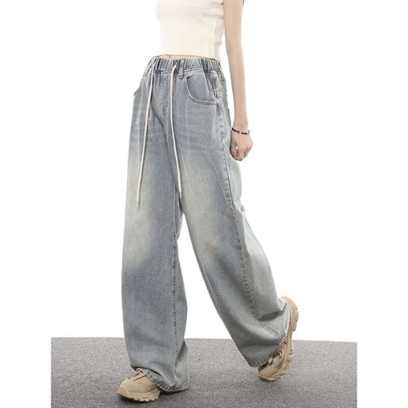 Jeans vintage de perna larga cintura alta para mulheres, calças largas retas femininas, calças esfregando, cordão
