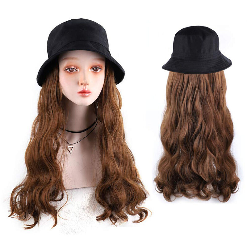 Fashion Fisherman Hat Long Curly Hair One Piece for Women Wig Cap Heat Resistant Hairpieces Chemical Fiber Wigs for Daily Use