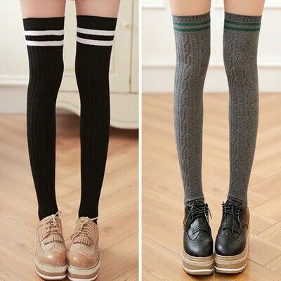 Outono e inverno espessamento japonês joelho-meias altas meados da coxa algodão rendas meias longas meias femininas meias de coxa meias altas