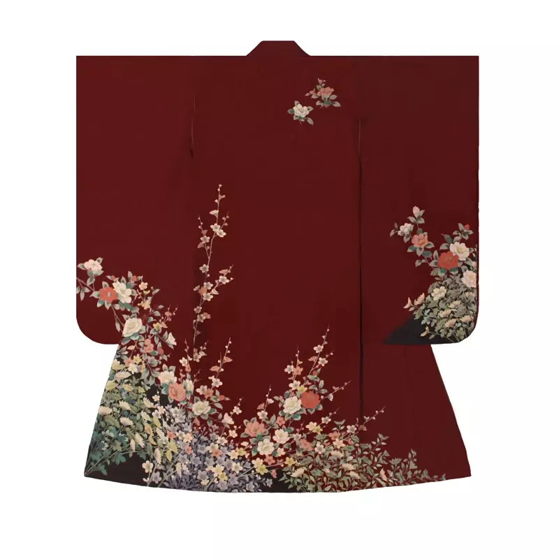 كيمونو نسائي ياباني تقليدي بأكمام طويلة ، لون أحمر ، مطبوعات زهور ، يوكاتا ، كلاسيكي ، فستان أداء ، زي تنكري