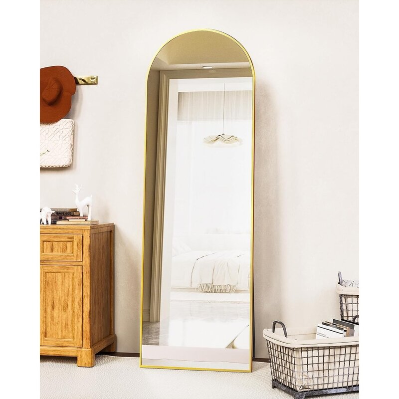 Antok Floor Mirror, 64"x21" Full Length Mirror with Stand, Arched Wall Mirror, Glassless Mirror Full Length, Gold Floor Mirror