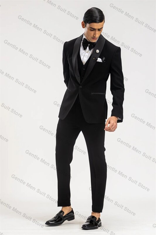 Мужской костюм из трех предметов, блейзер + жилет + брюки, деловой костюм для офиса и выпускного, смокинг для жениха на свадьбу, однобортный пиджак черного цвета