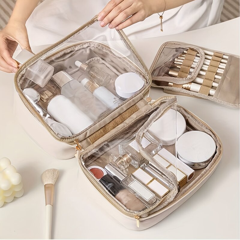 Travel Makeup Bag,Large Capacity Cosmetic Bags for Women,Waterproof Portable Pouch Open Flat Toiletry Bag Make up Organizer with