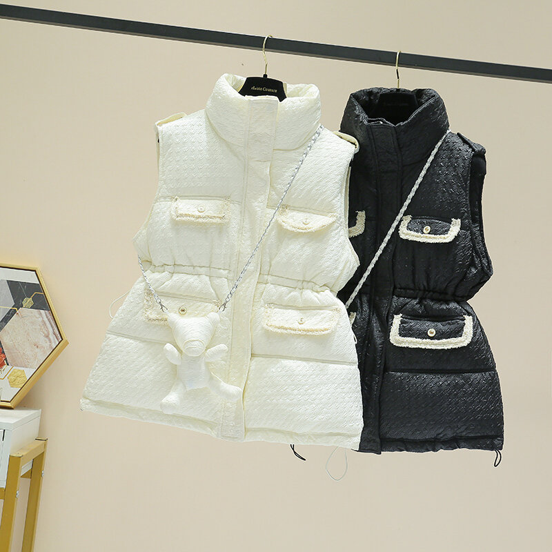 Women Winter Vest Down Cotton Warm Leisure Loose Sleeveless Stand Collar Multi Pockets Show Thin Versatile Fashion Gilet