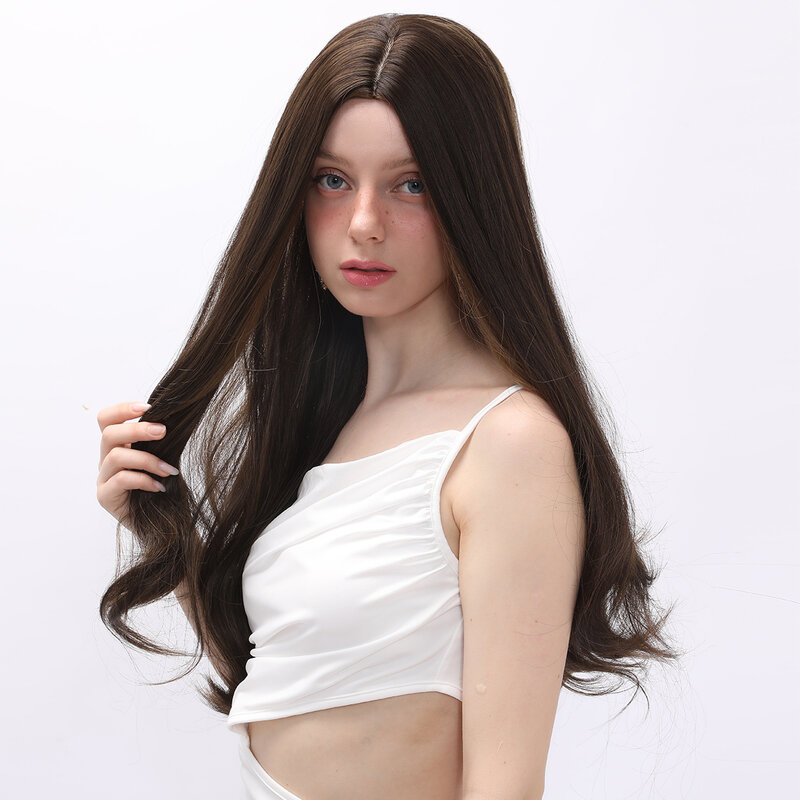 Smilco Synthetic Dark Brown Middle Part Curly Wig For Women Long Natural Wave Fake Hair Daily Cosplay Party Heat Resistant Wigs