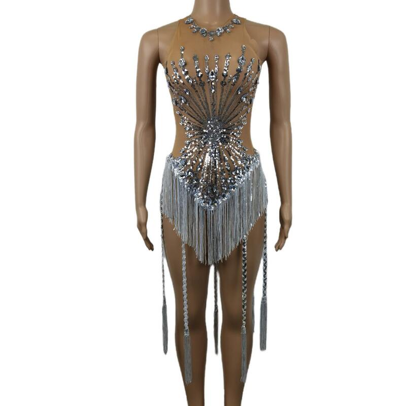 Sparkly Rhinestones Sequins Fringes Leotard Women Sexy Mesh Transparent Performance Dance Costume Stage Wear Club Outfit Shuihua