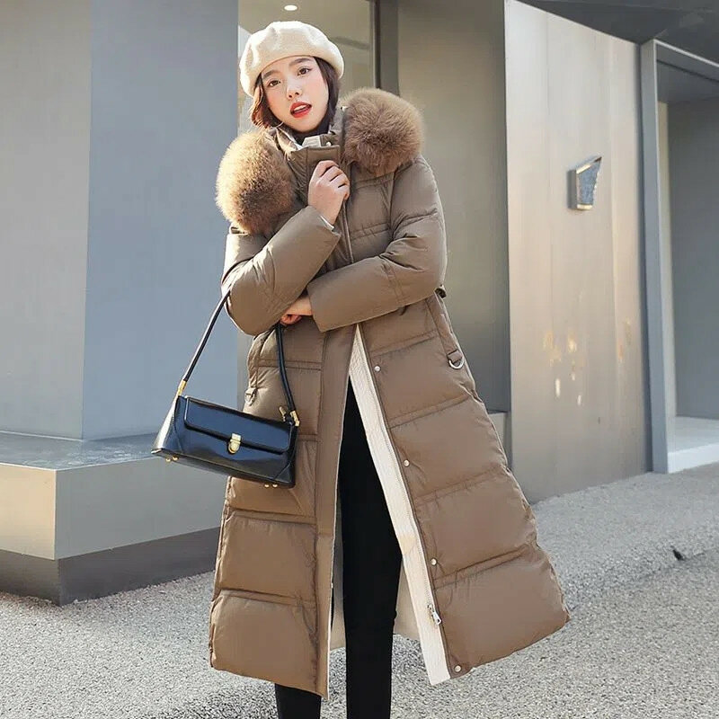 Z odpinanym kapturem moda ciepły wysokiej jakości płaszcz Parka zimowa damska nowa długa do kolan kolor kontrastowa kurtka podszyta bawełną