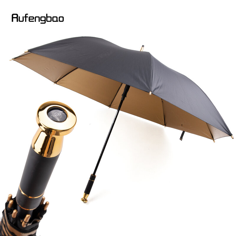 Black Golden Automatic Windproof Umbrella, Wooden Handle 8 Bones Long Handle Enlarged Umbrella Both Sunny and Rainy Days 96cm