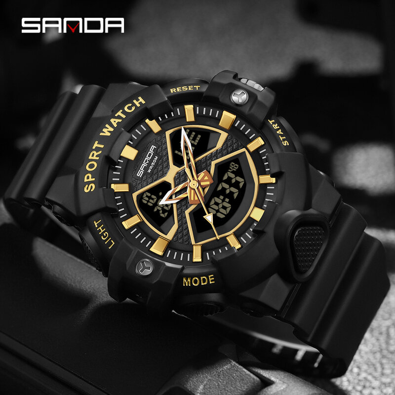 SANDA męskie zegarki 50m wodoodporny sportowy zegarek żołnierz sportowy zegarek cyfrowy 3150 zegarek z podwójnym wyświetlaczem kwarcowy Led cyfrowy