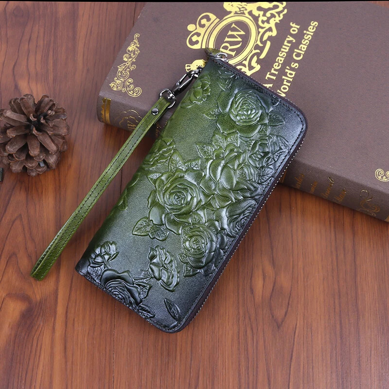Женский клатч из натуральной кожи, Дамский удлиненный бумажник из натуральной воловьей кожи с принтом розы, кредитницей и зажимом для денег в ретро стиле