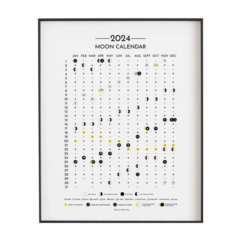 Pôster do Calendário de Fases Lunares para Sala de Estar e Quarto, Pôster Lua Celestial, Calendário Impresso Claro, Planejadores do Ano, 2024