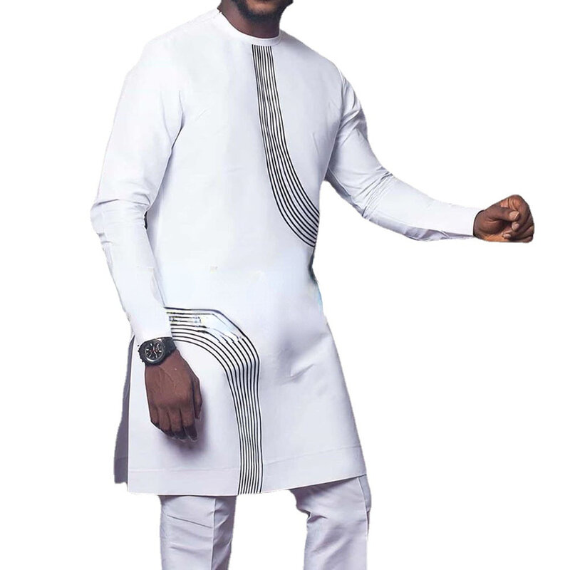 Katun putih gaya etnis Afrika jubah Muslim pakaian pria jubah Islami anak muda kasual kemeja leher bulat 2023 pakaian baru