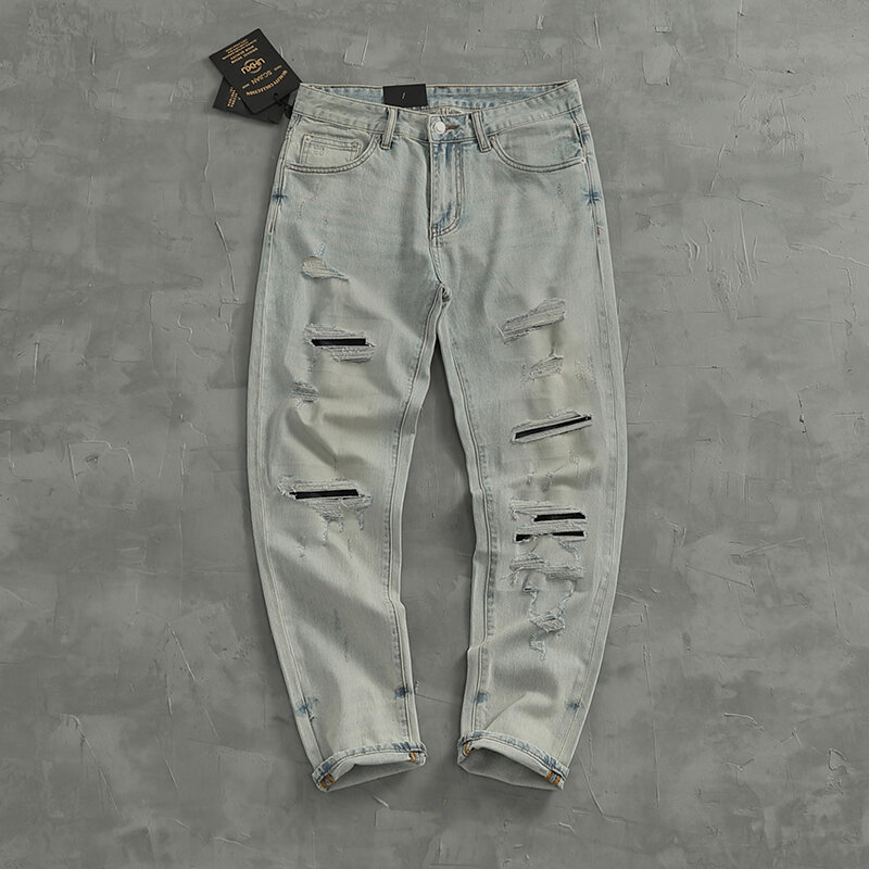 Light stretch casual jeans for men nostalgic slim straight tube ripped patch Decadent small feet denim pants trend