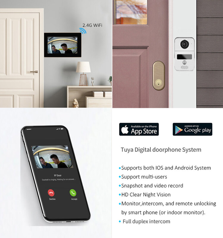 Tuya App Wireless Wifi POE Video Intercom Kits Visual Doorbell System 1080P Entry Doorphone Door Camera for Home Villa Apartment