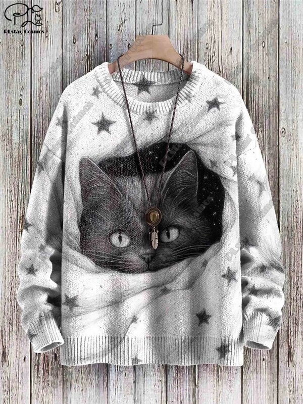 PLstar Cosmos 3D 프린트 동물 시리즈 고양이 패턴, 못생긴 스웨터, 스트리트 캐주얼 겨울 스웨터, M-4 신제품