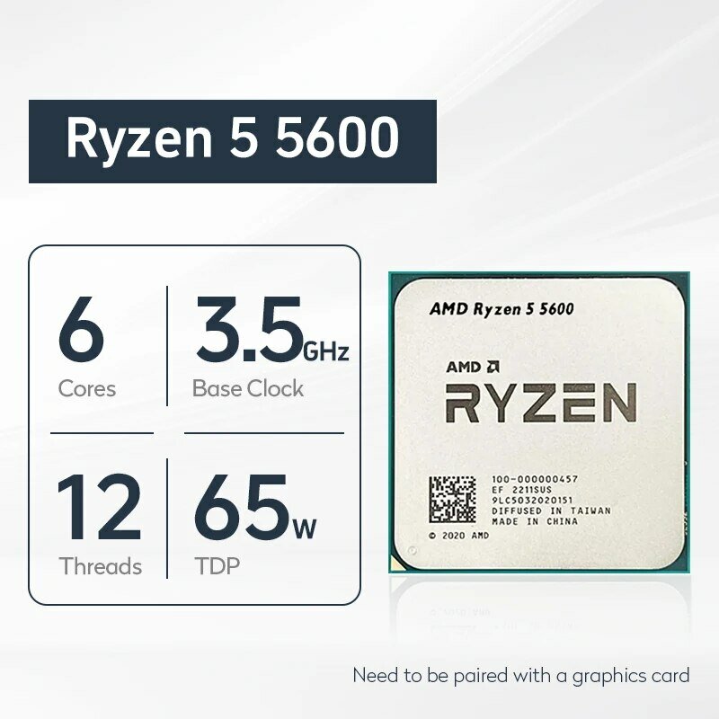 AMD Ryzen 5 5600 6 코어 12 스레드 3.5GHz DDR4 3200 65W AM4 소켓 데스크탑 프로세서 CPU 쿨러 없음