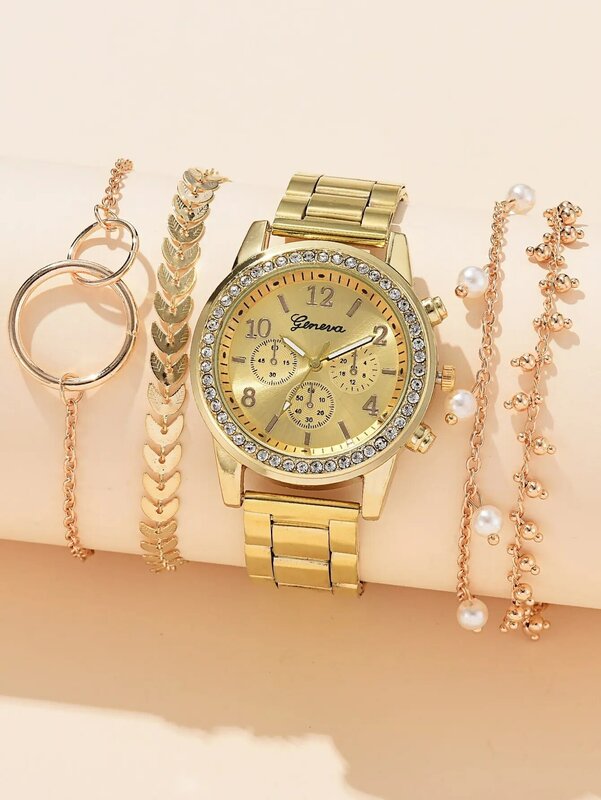 Relógio de quartzo redondo dourado para mulheres, 3 olhos, pulseira de liga, conjunto de jóias strass, presente, 5 peças
