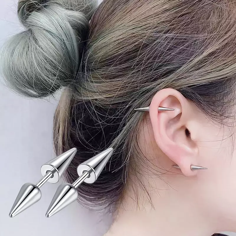 2PCs Classic Fashion Punk Rock Rivet Spike Tip Cone 316L Stainless Steel Women Men ear Stud Earrings Piercing Body Jewelry
