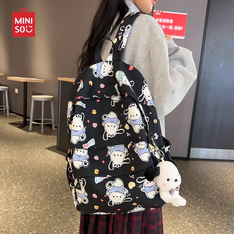 MINISO Sanrio Pochacco-mochila con estampado de dibujos animados para niña, bolso de hombro con cremallera, gran capacidad, mochila escolar para estudiantes, impermeable, Y2k