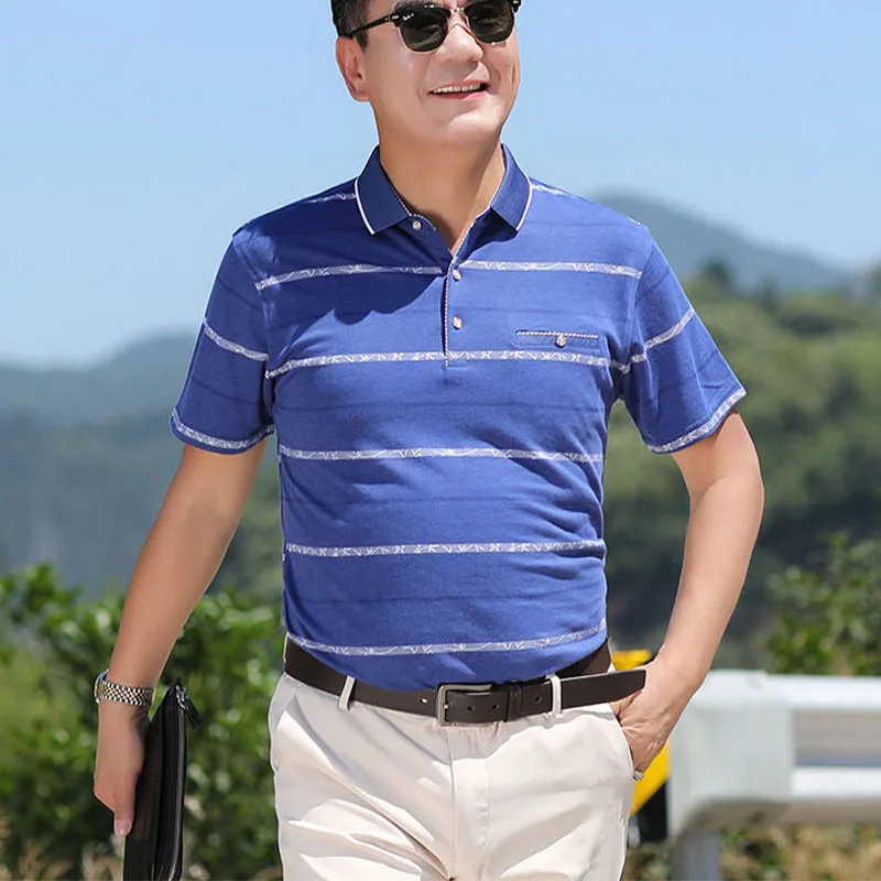Letnia nowa moda wszechstronna luźna cienka męska koszulka Polo z klapą w paski z nadrukiem eleganckie oddychające bluzki z krótkim rękawem