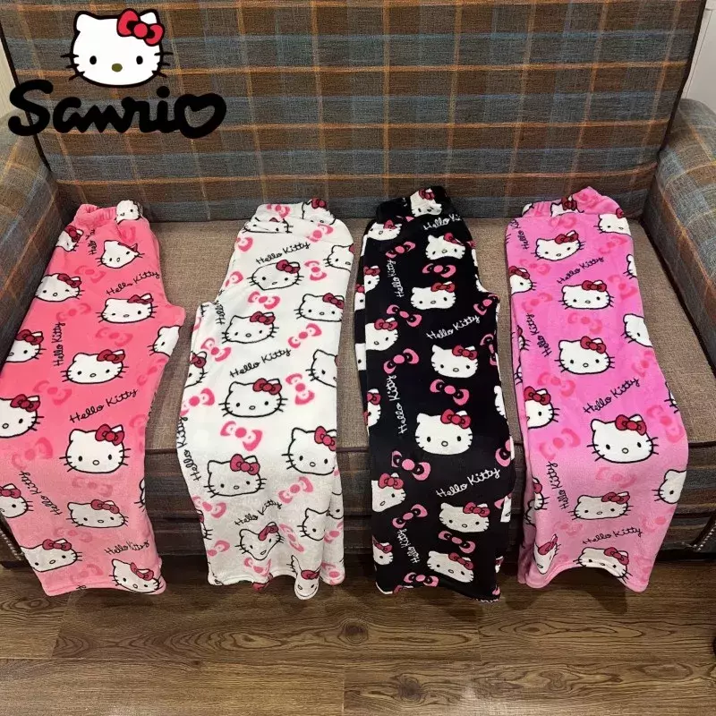 Sanrio Hello Kitty กางเกงผู้หญิงสีดำ, กางเกงแฟชั่นฤดูหนาวการ์ตูนขนสัตว์อบอุ่นสบายๆใส่อยู่บ้านฤดูใบไม้ร่วงชุดนอนผ้าสักหลาด